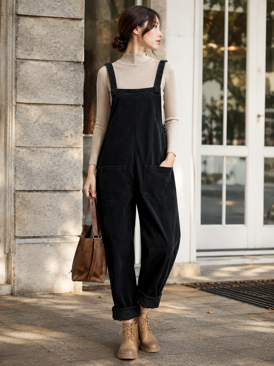 Salopette Vintage Femme Velours Côtelé Noir