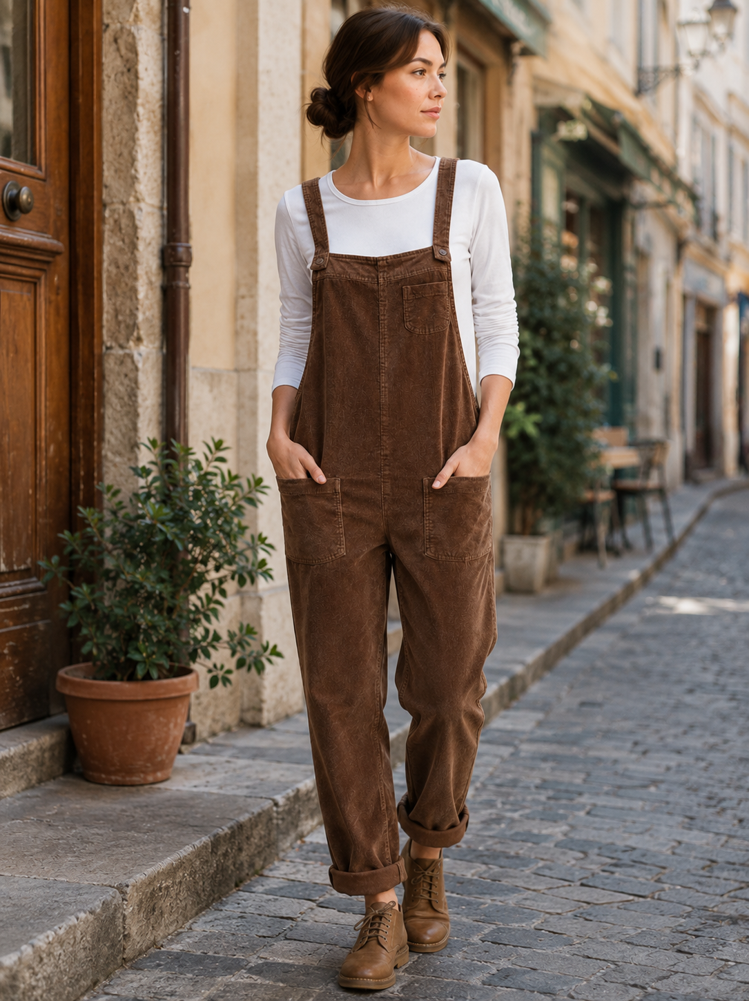 Salopette Femme Vintage Velours Côtelé Marron