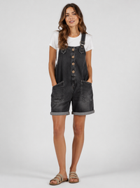 Salopette Courte en Jean Femme Vintage Délavée Noir Coton