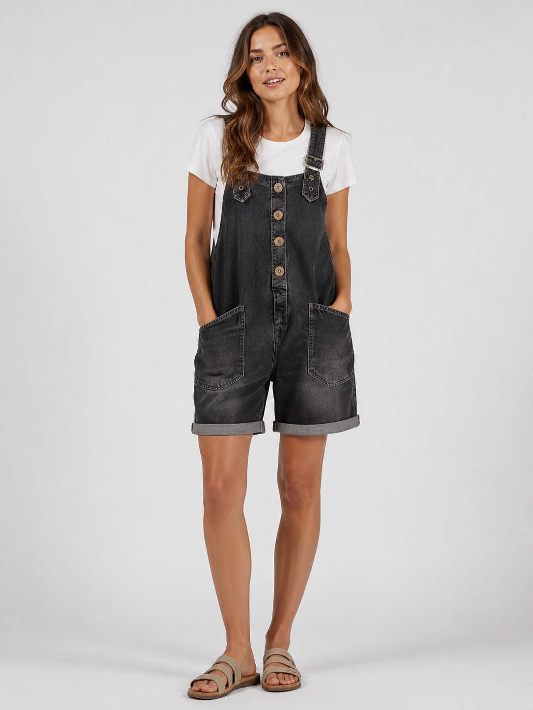 Salopette Courte en Jean Femme Vintage Délavée Noir Coton