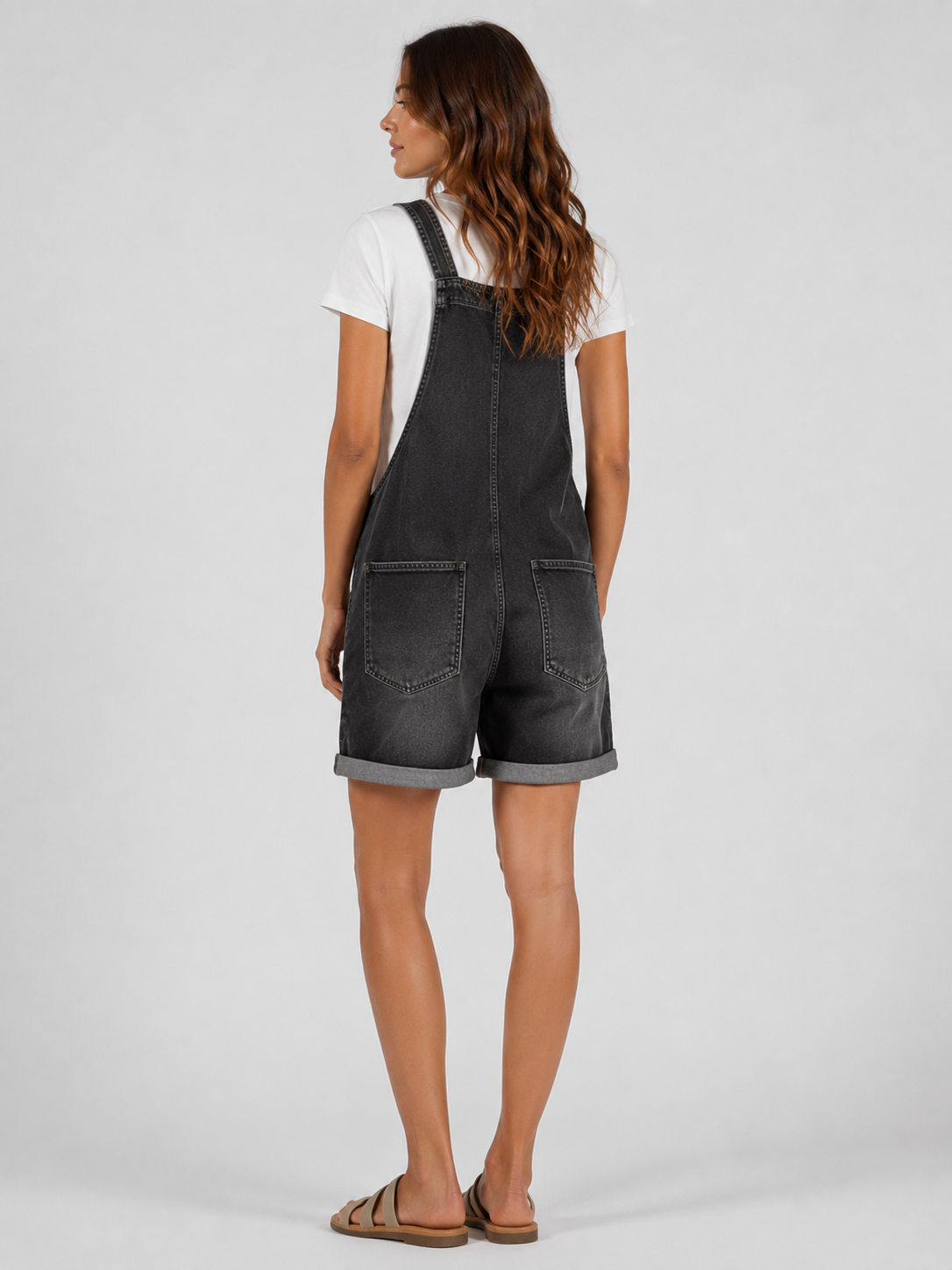 Salopette Courte en Jean Femme Vintage Délavée Noir Coton