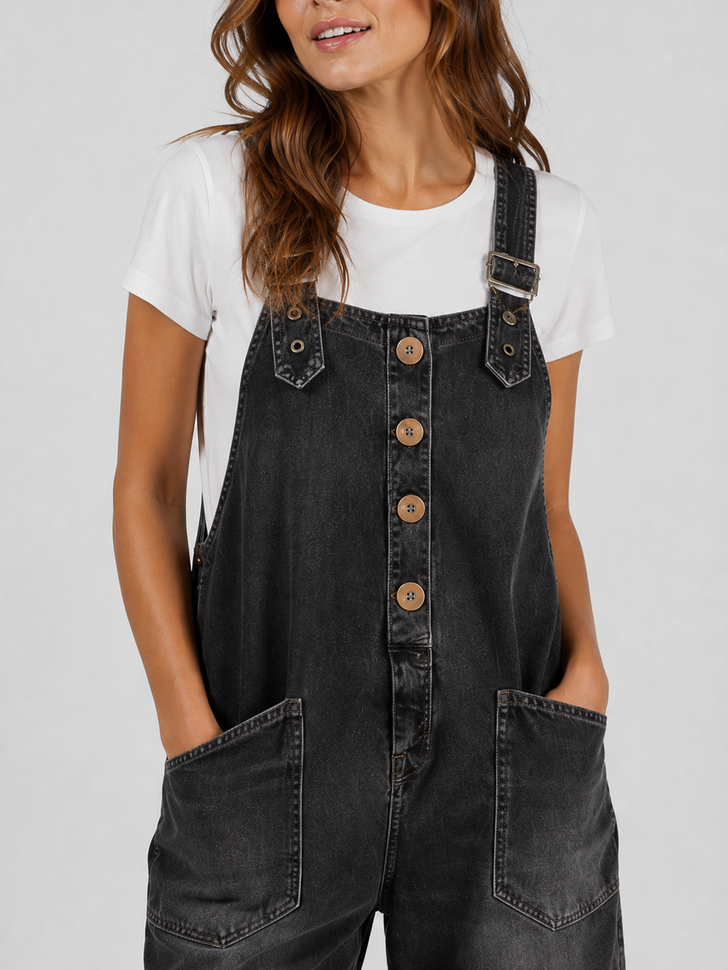 Salopette Courte en Jean Femme Vintage Délavée Noir Coton