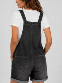 Salopette Courte en Jean Femme Vintage Délavée Noir Coton