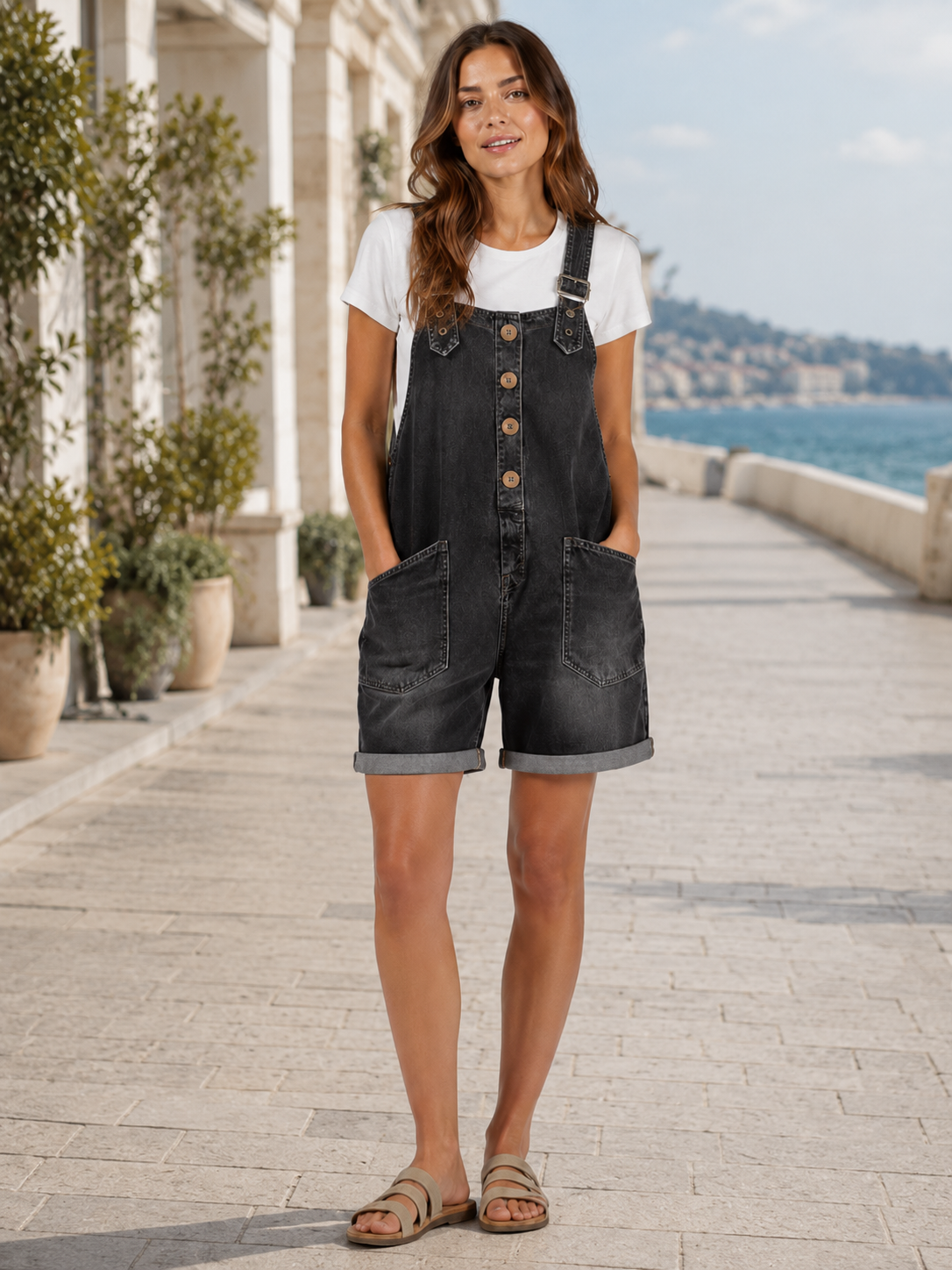 Salopette Courte en Jean Femme Vintage Délavée Noir Coton