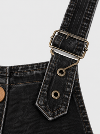 Salopette Courte en Jean Femme Vintage Délavée Noir Coton