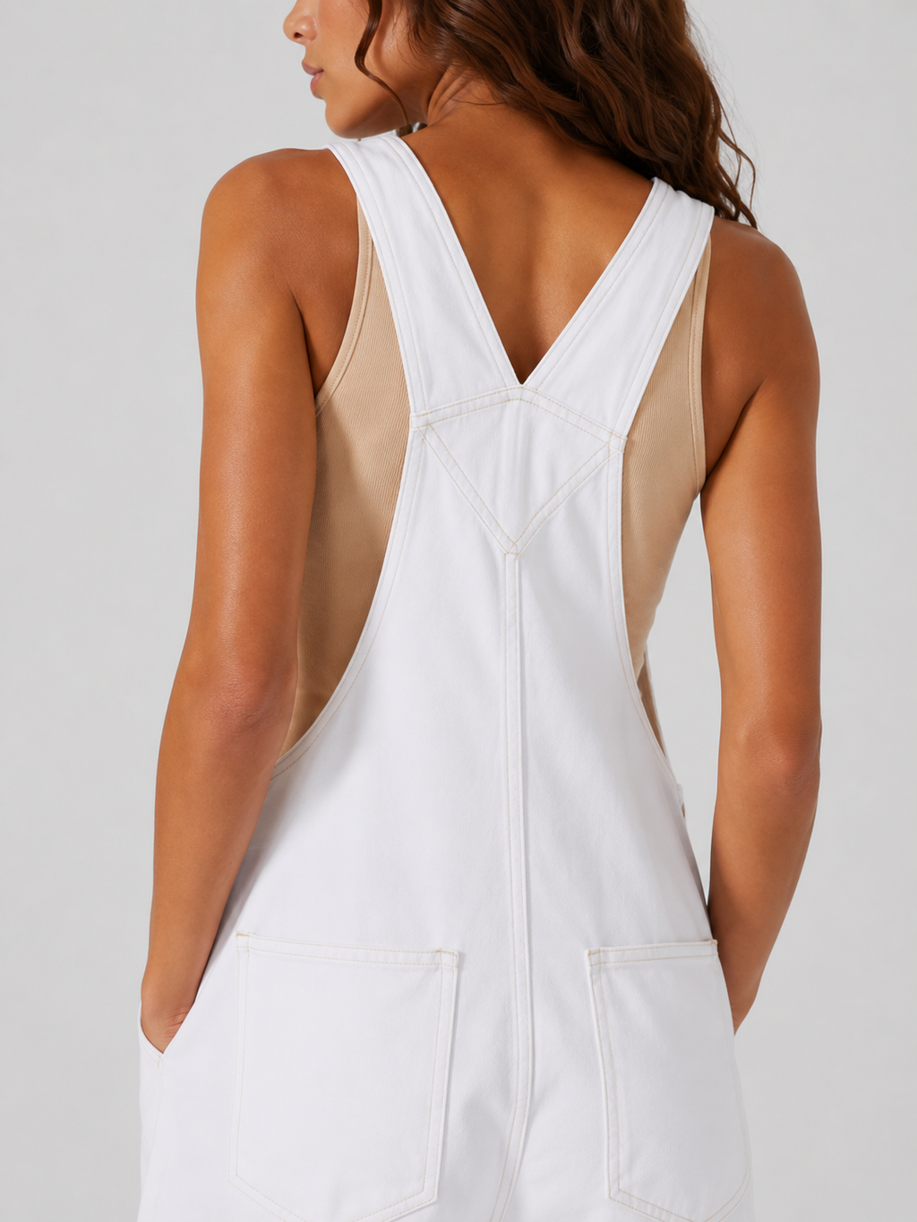 Salopette Courte en Jean Femme Vintage Délavée Blanche Coton
