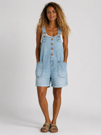 Salopette Courte en Jean Femme Vintage Délavée Bleu Ciel Coton