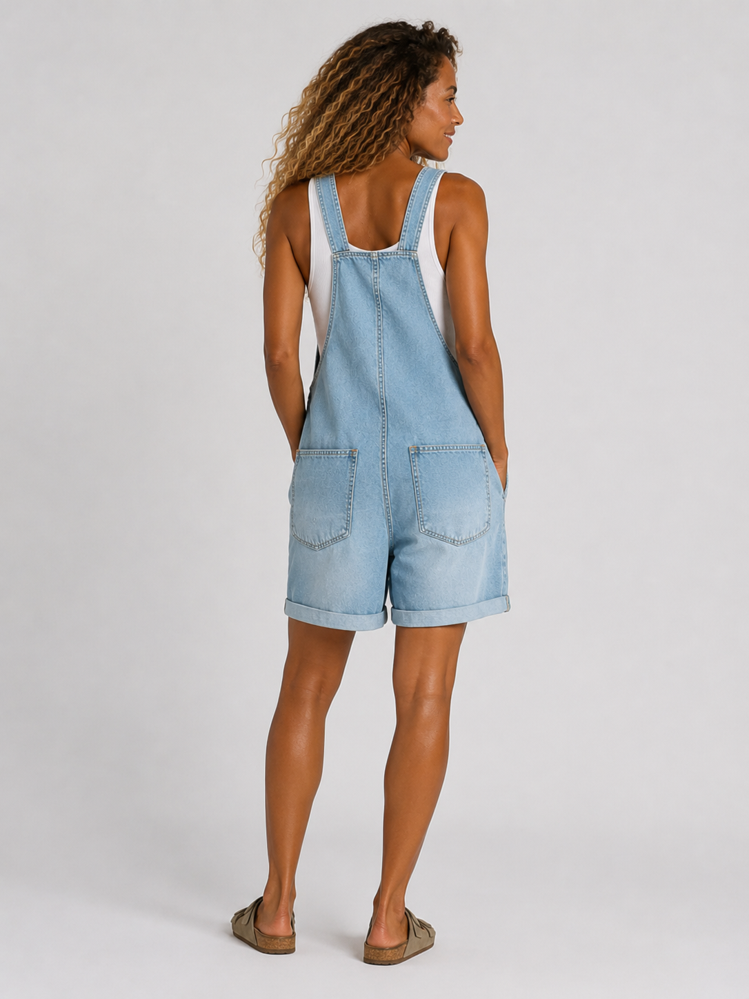 Salopette Courte en Jean Femme Vintage Délavée Bleu Ciel Coton