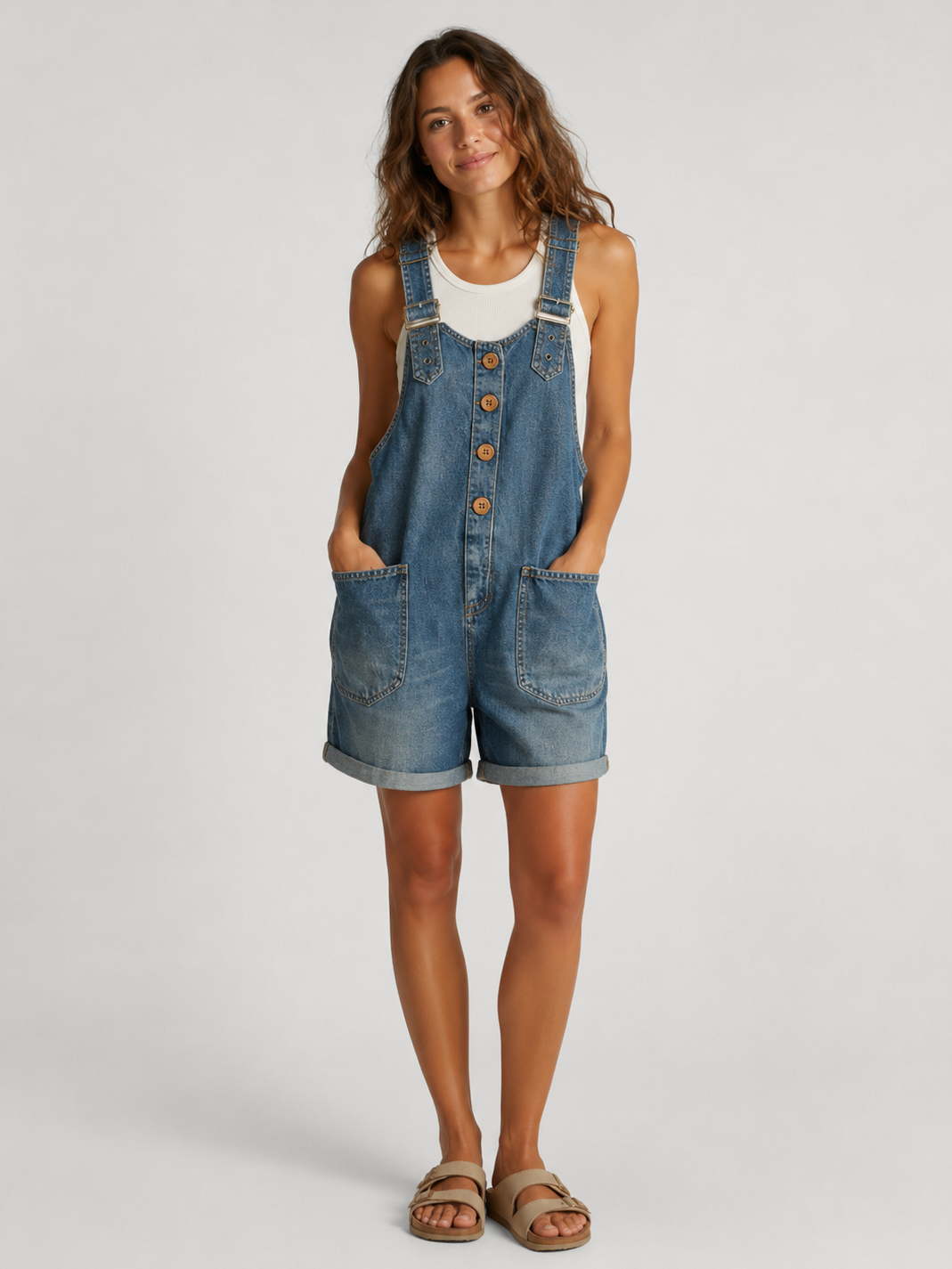 Salopette Courte en Jean Femme Vintage Délavée Bleu Foncé Coton