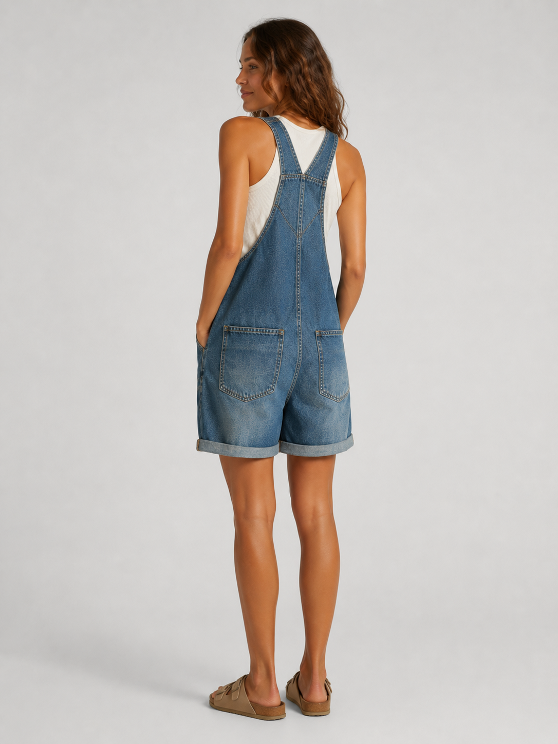 Salopette Courte en Jean Femme Vintage Délavée Bleu Foncé Coton