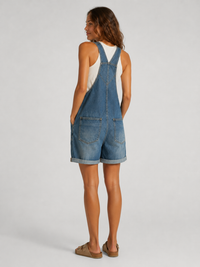 Salopette Courte en Jean Femme Vintage Délavée Bleu Foncé Coton