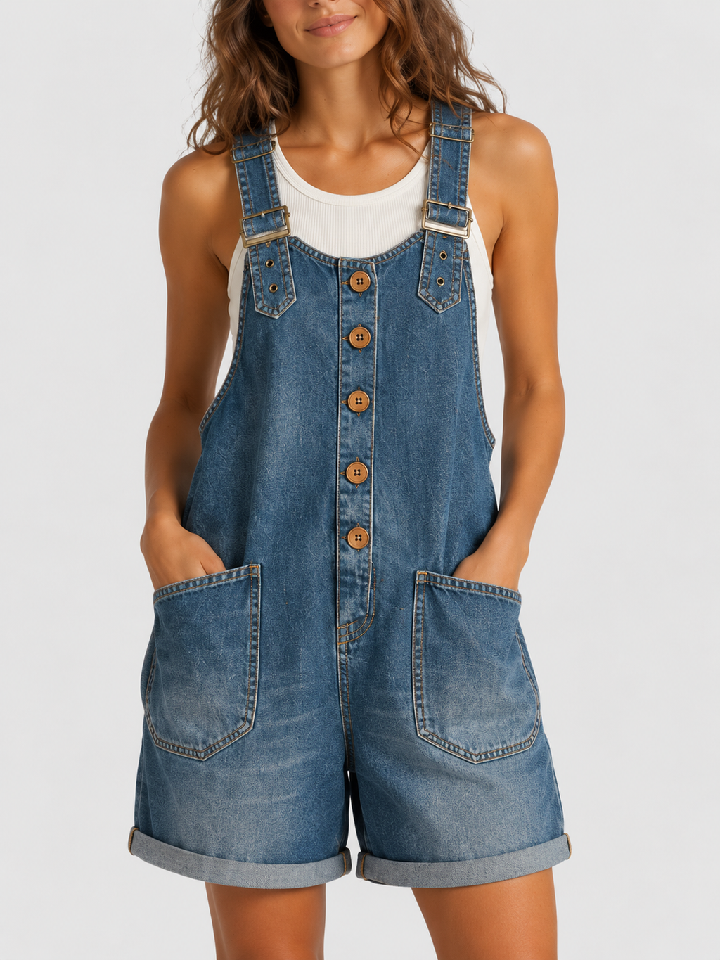 Salopette Courte en Jean Femme Vintage Délavée Bleu Foncé Coton