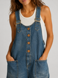 Salopette Courte en Jean Femme Vintage Délavée Bleu Foncé Coton