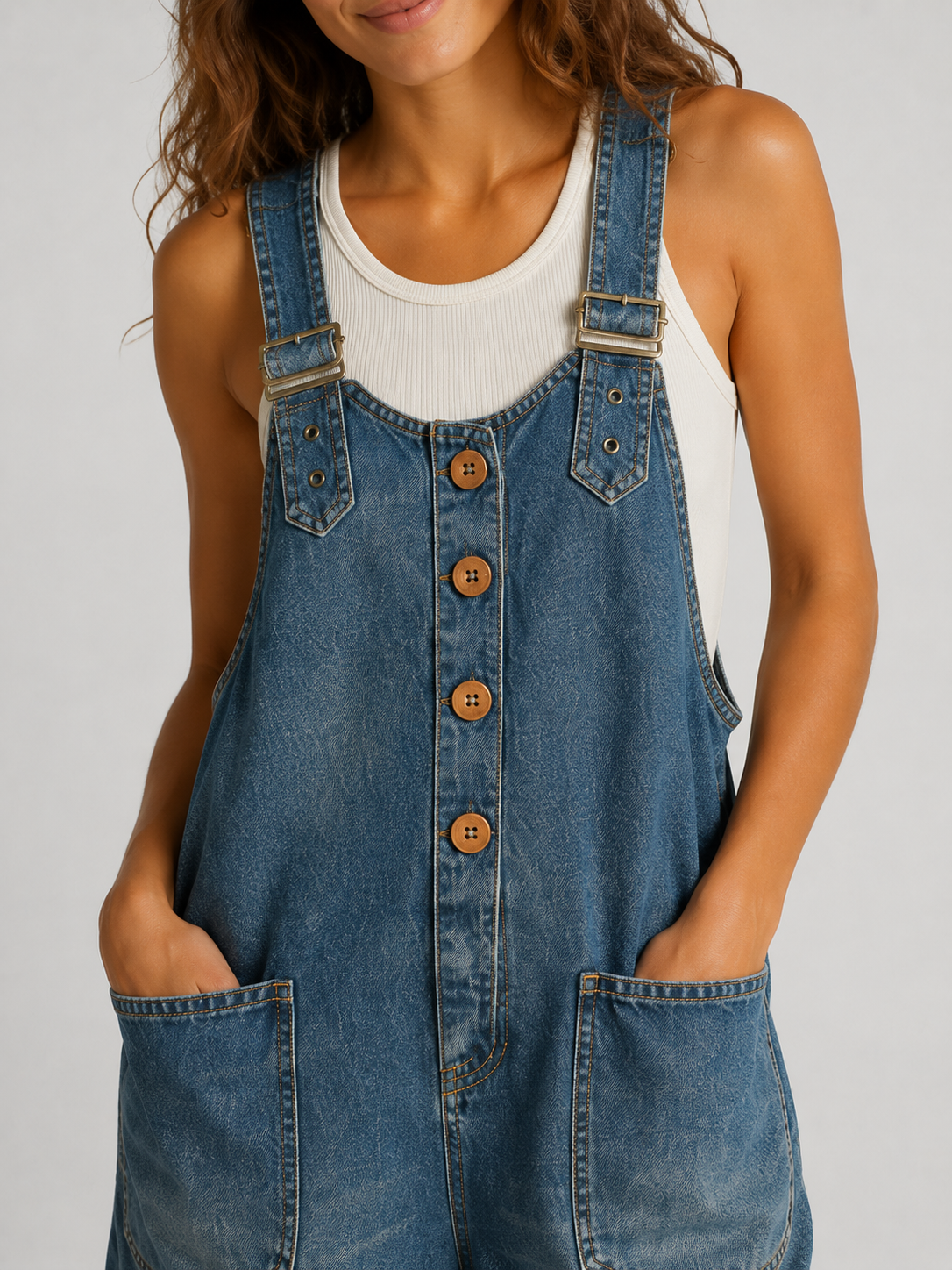 Salopette Courte en Jean Femme Vintage Délavée Bleu Foncé Coton