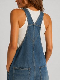 Salopette Courte en Jean Femme Vintage Délavée Bleu Foncé Coton